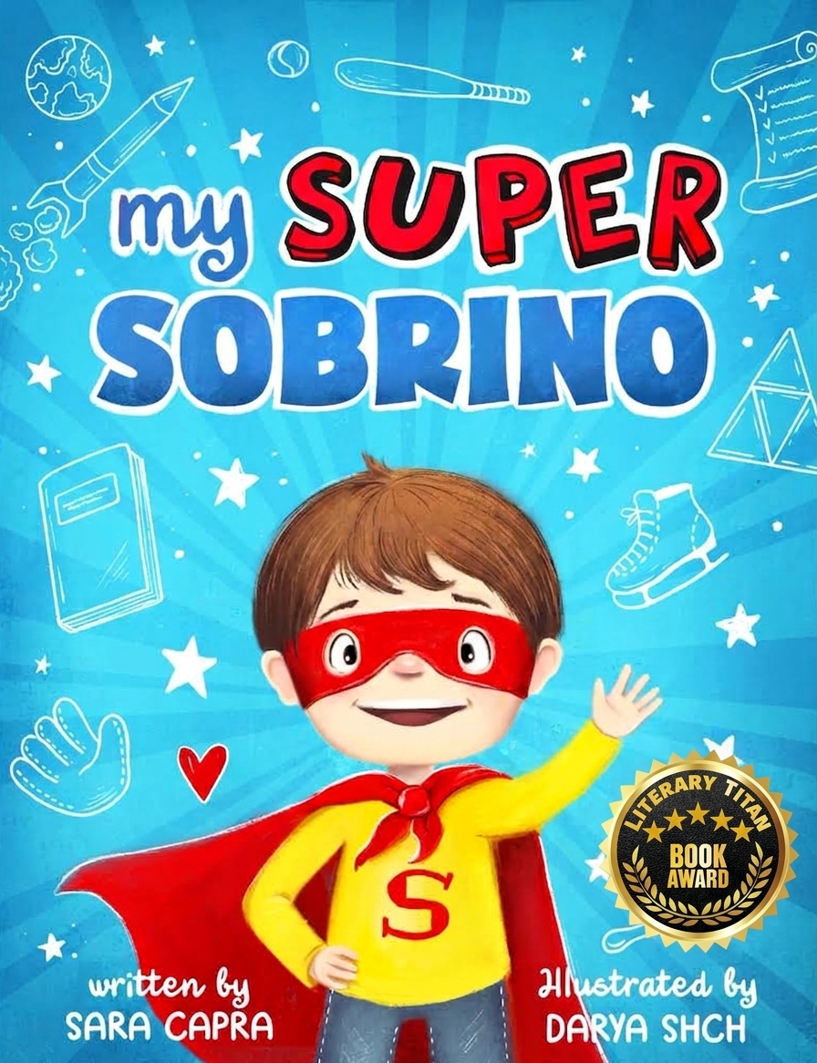 Cover of My Super Sobrino, bilingual English edition, with the Literary Titan Book Award badge