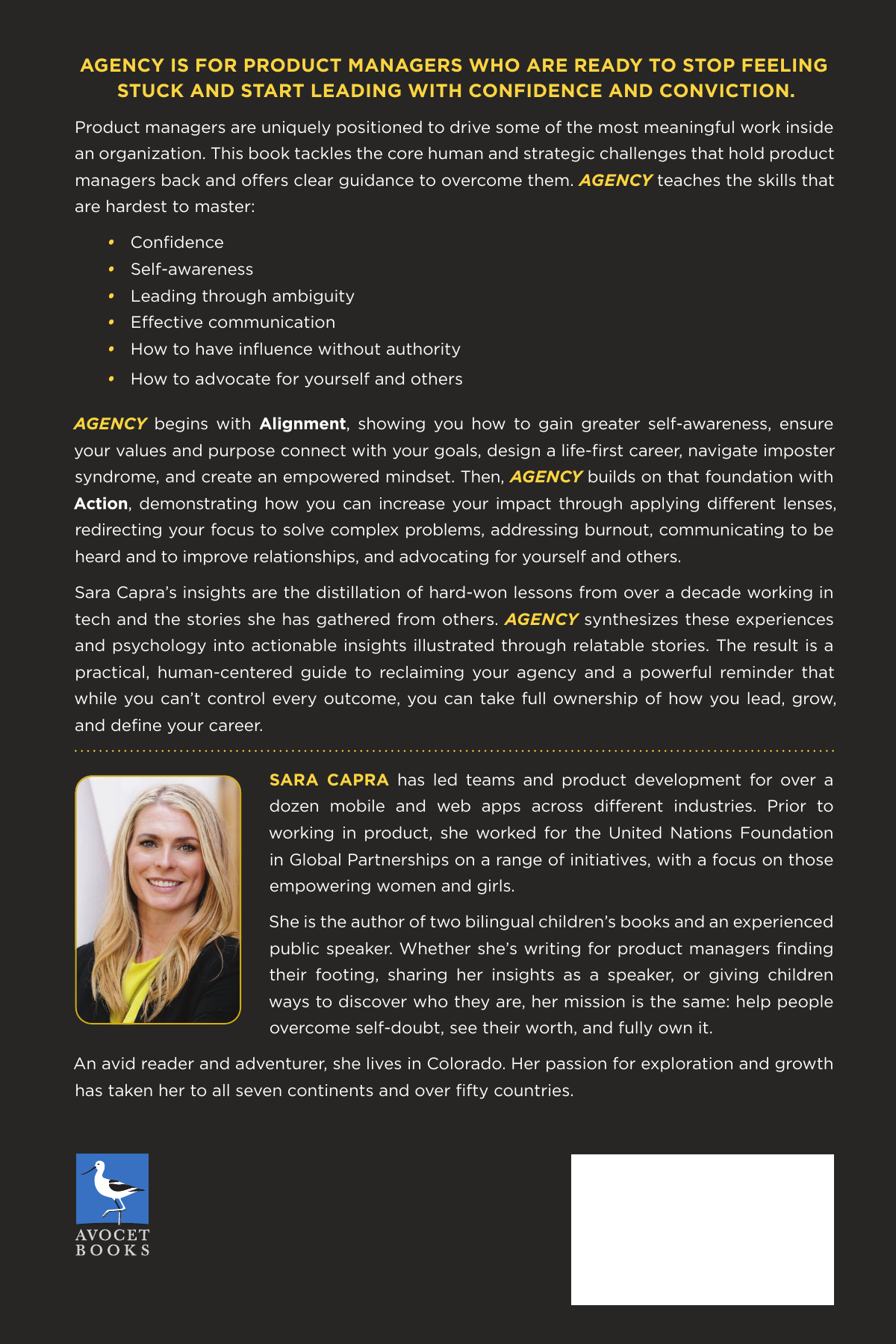 Back cover of Agency by Sara Capra, with the book summary and author bio